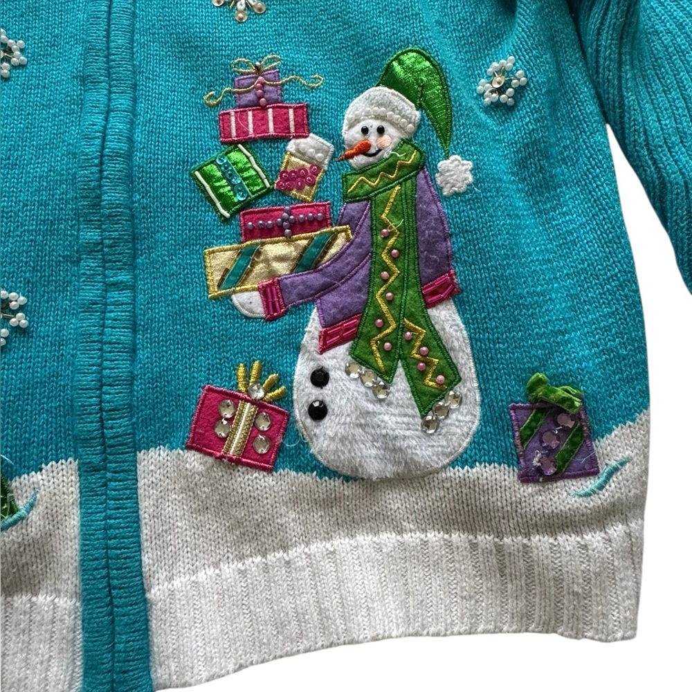 Tiara International Blue Full Zip Hooded Snowman Christmas Cardigan Size Large - Picture 9 of 10
